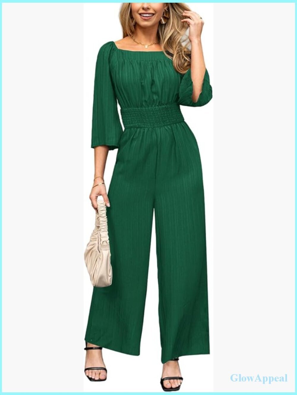 Women's Square Neck Wide Leg Jumpsuit with 3/4 Sleeves